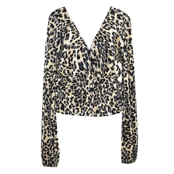 ✨ZARA Black Cream Leopard Print Faux Wrap Smocked Long Sleeve V Neck Sz M Top✨ - Picture 4 of 11